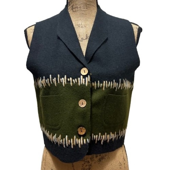 Vintage Joujou Wool Blend Vest Black Olive Green Button Up Earthy Size Large - Picture 1 of 4